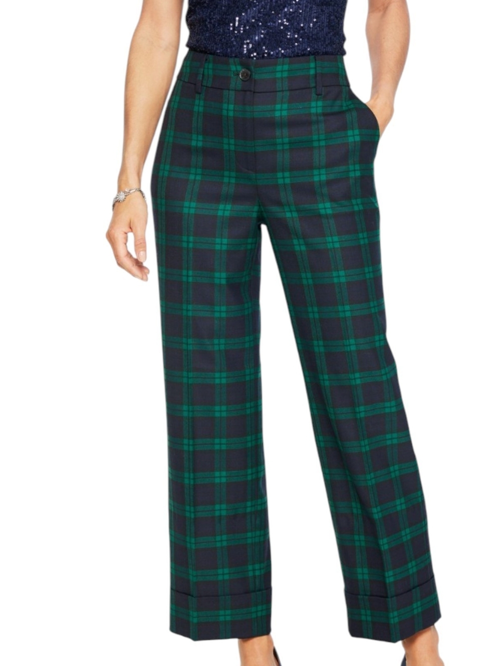Talbots Green and Navy Plaid Wide-Leg Pants 14P